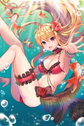 Rule 34 | 1girl, :d, air bubble, animal, arm at side, armpits, bare shoulders, bead bracelet, bead necklace, beads, bikini, blonde hair, blush, bow, bracelet, breasts, bridal garter, bubble, choker, cinia pacifica, cleavage, curly hair, eyebrows, fingernails, fish, floating hair, flower, frilled bikini, frills, from side, glint, goldfish, hair between eyes, hair bow, hair flower, hair ornament, hc (razel1), heart, hibiscus, highres, jewelry, knee up, leg up, light particles, light rays, long hair, looking at viewer, medium breasts, navel, necklace, open mouth, outstretched arm, pendant, red bikini, red flower, red rose, rose, shade, shiny skin, sideboob, smile, spread fingers, stomach, string bikini, striped, striped bow, submerged, swimsuit, sword girls, underboob, very long hair, yellow bow