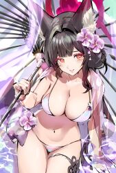 Rule 34 | 1girl, absurdres, animal ear fluff, animal ears, bikini, black hair, blue archive, breasts, cleavage, closed mouth, commentary request, facing viewer, flower, fox ears, highres, holding, holding umbrella, large breasts, long hair, looking ahead, oil-paper umbrella, orange eyes, pink bikini, purple flower, smile, solo, swimsuit, swimsuit cover-up, torimahera, umbrella, wakamo (blue archive), wakamo (swimsuit) (blue archive), water