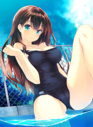 Rule 34 | 10s, 1girl, amami mikihiro, bare shoulders, blue eyes, blush, breasts, brown hair, chain-link fence, cloud, day, fence, idolmaster, idolmaster cinderella girls, long hair, looking at viewer, old school swimsuit, one-piece swimsuit, poolside, school swimsuit, shibuya rin, sitting, sky, smile, soaking feet, solo, swimsuit, water