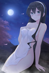 Rule 34 | 1girl, absurdres, artist name, azuki-iro, black hair, blush, breasts, cherry blossoms, collarbone, commentary request, covered erect nipples, covered navel, covering privates, full moon, glasses, hairband, highres, kantai collection, long hair, looking at viewer, moon, naked towel, night, night sky, nude cover, onsen, ooyodo (kancolle), outdoors, paid reward available, semi-rimless eyewear, sitting, sky, smile, soaking feet, solo, steam, towel, under-rim eyewear, water