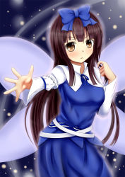 Rule 34 | 1girl, aura, bad id, bad pixiv id, bow, brown eyes, brown hair, fairy wings, hair bow, highres, holding, holding own hair, long hair, long sleeves, looking at viewer, night, night sky, open hand, outstretched arm, sakura fuyuki, skirt, skirt set, sky, solo, star sapphire, touhou, very long hair, wings