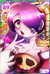 Rule 34 | 1girl, colored skin, fingers to cheek, from behind, heart, highres, leviathan (skullgirls), looking up, nail polish, open mouth, pink nails, purple hair, purple skin, red eyes, skullgirls, sleeping, smile, snot bubble, solo, squigly (skullgirls), stitched mouth, stitches, striped, striped sleeves, udontamago01, upper body
