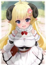 Rule 34 | 1girl, :d, absurdres, ahoge, animal ears, arms at sides, bakko, belt pouch, blonde hair, blush, bow, bowtie, breasts, brooch, commentary request, cowboy shot, detached sleeves, dress, from above, fur-trimmed dress, fur-trimmed sleeves, fur trim, hair ornament, hairclip, highres, hololive, horns, jewelry, large breasts, long hair, looking at viewer, open mouth, outdoors, pouch, purple eyes, red bow, red bowtie, ribbed sleeves, sheep ears, sheep girl, sheep horns, short dress, sleeveless, sleeveless dress, smile, solo, tsunomaki watame, tsunomaki watame (1st costume), very long hair, virtual youtuber, white dress