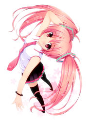 Rule 34 | 1girl, arched back, azure (capriccio), black footwear, black thighhighs, boots, flower, hair flower, hair ornament, hatsune miku, long hair, looking at viewer, necktie, pink hair, pleated skirt, sakura miku, shirt, skirt, sleeveless, sleeveless shirt, solo, thighhighs, twintails, vocaloid, white background