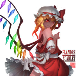 Rule 34 | &gt;:), 1girl, arm at side, back, bare shoulders, bow, breasts, character name, colored eyelashes, cowboy shot, crystal, flandre scarlet, frilled skirt, frills, gradient hair, hat, hat ribbon, highres, looking at viewer, mob cap, multicolored hair, no bra, off shoulder, orange hair, puffy short sleeves, puffy sleeves, red eyes, red ribbon, red skirt, red vest, ribbon, sash, shaded face, short sleeves, simple background, skirt, skirt set, small breasts, smile, smirk, solo, touhou, v-shaped eyebrows, vampire, vest, white background, white bow, white hat, wings, zhaoyebai