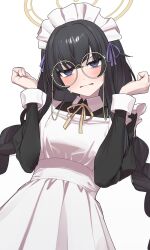 Rule 34 | 1girl, alternate costume, apron, artist request, black dress, black hair, blue archive, blush, braid, dress, enmaided, frilled apron, frills, glasses, halo, highres, long hair, long sleeves, looking at viewer, maid, maid apron, maid headdress, mushioicharax, round eyewear, simple background, solo, sweat, twin braids, ui (blue archive), white apron, white background