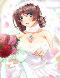 Rule 34 | 1girl, absurdres, blue eyes, bouquet, braid, braided hair rings, breasts, bridal gauntlets, bridal veil, bride, brown hair, chougei (kancolle), dress, elbow gloves, flower, gloves, hair rings, highres, holding, holding bouquet, jewelry, kantai collection, large breasts, long hair, necklace, pink flower, red flower, ring, shigatsu (soratobuusagi), solo, strapless, strapless dress, twin braids, upper body, veil, wedding band, wedding dress, white dress, white gloves