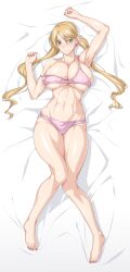 Rule 34 | 1girl, arm up, armpits, bare shoulders, barefoot, bed sheet, blonde hair, blush, bra, breasts, cleavage, closed mouth, collarbone, commentary request, dakimakura (medium), earrings, full body, green eyes, gundam, gundam tekketsu no orphans, hair between eyes, heart, heart earrings, highres, jewelry, lafter frankland, large breasts, long hair, looking at viewer, lying, nail polish, navel, nose blush, obliques, off shoulder, on back, ozaneko, panties, parted bangs, partial commentary, pink bra, pink nails, pink panties, shadow, single sidelock, smile, solo, toenail polish, toenails, twintails, underboob, underwear, underwear only