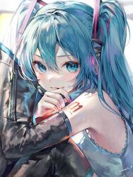 Rule 34 | 1girl, ame929, aqua eyes, aqua hair, bare shoulders, black footwear, blush, boots, detached sleeves, grin, hair ornament, hatsune miku, long hair, long sleeves, looking at viewer, number tattoo, shoulder tattoo, sitting, smile, solo, sunlight, tattoo, thigh boots, twintails, very long hair, vocaloid