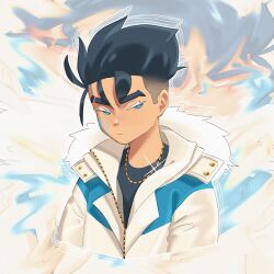 Rule 34 | 1boy, absurdres, black hair, blue eyes, colored eyelashes, commentary, english commentary, facial mark, fur-trimmed jacket, fur trim, highres, jacket, male focus, mismatched eyelashes, nicuoi, no sclera, original, solo, sparkle, thick eyebrows, undercut, upper body, white jacket