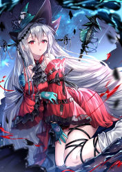 Rule 34 | 1girl, absurdres, arknights, bare shoulders, blood, blue sky, clothing cutout, dress, full body, gloves, green gloves, hands on own thighs, hat, highres, kneeling, long hair, navel, navel cutout, night, night sky, official alternate costume, outdoors, parted lips, red dress, red eyes, sad, sannio, sideways glance, silver hair, skadi (arknights), skadi the corrupting heart (arknights), sky, solo, staff, star (sky), starry sky, very long hair, weapon, wide sleeves