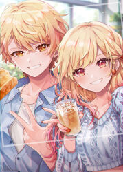 Rule 34 | 1boy, 1girl, blonde hair, blue shirt, brother and sister, crop top, cup, earrings, food, glass, hana (mew), highres, holding, holding cup, jewelry, long hair, midriff, project sekai, red eyes, shirt, short hair, siblings, smile, teeth, tenma saki, tenma tsukasa, twins, w, yellow eyes