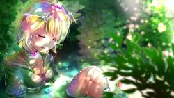 Rule 34 | 1girl, bad id, bad pixiv id, blonde hair, dappled sunlight, day, closed eyes, kagamine rin, lens flare, open mouth, outdoors, partially submerged, shigemu room, short hair, solo, sunlight, upper body, vocaloid, water