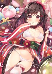 Rule 34 | 1girl, bikini, bikini under clothes, bow, brown hair, closed mouth, commentary request, feet out of frame, finger to mouth, groin, hair between eyes, hair bow, hanamiya natsuka, japanese clothes, kimono, long hair, long sleeves, looking at viewer, original, petals, red bow, red eyes, red kimono, sleeves past wrists, solo, striped clothes, striped kimono, striped thighhighs, swimsuit, thigh gap, thighhighs, vertical-striped clothes, vertical-striped kimono, very long hair, white bikini, wide sleeves