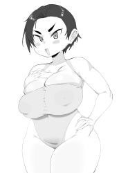 Rule 34 | 1girl, black hair, blush, breasts, bursting breasts, cleavage, commission, curvy, gs16 (chug), hand on own hip, highres, jourjii, large breasts, looking at viewer, monochrome, nipples visible through clothes, open mouth, original, plump, short hair, sketch, skin tight, skindentation, solo, strap, swimsuit, thick thighs, thighs, white background