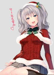 Rule 34 | 10s, 1girl, :d, aran sweater, bad id, bad pixiv id, black socks, blue eyes, cable knit, hat, kantai collection, kashima (kancolle), kneehighs, long hair, nanotaro, open mouth, santa costume, silver hair, skirt, smile, socks, solo, sweater, twintails, wavy hair
