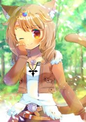 Rule 34 | 1girl, ;), animal ear fluff, animal ears, warrior of light (ff14), belt, belt buckle, blurry, blurry background, blush, brown belt, brown eyes, brown gloves, brown hair, brown jacket, brown pants, buckle, cat ears, cat girl, cat tail, closed mouth, collarbone, cropped jacket, depth of field, final fantasy, final fantasy xiv, fingerless gloves, forest, fur-trimmed jacket, fur trim, gloves, hand up, headpiece, jacket, jewelry, kou hiyoyo, long sleeves, looking at viewer, miqo&#039;te, nature, one eye closed, open clothes, open jacket, original, pants, pendant, shirt, smile, solo, tail, tail raised, white shirt
