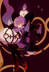 Rule 34 | 10s, 1girl, :d, black gloves, black pantyhose, blunt bangs, bob cut, breasts, chandelier, chandelure, covered mouth, creature on head, creatures (company), diamond (shape), dress, evolutionary line, eyelashes, fire, full body, game freak, gen 5 pokemon, glasses, gloves, head rest, highres, lampent, litwick, long sleeves, mary janes, nagatsukiariake, nintendo, on head, open mouth, pantyhose, pokemon, pokemon (creature), pokemon bw, pokemon on head, purple fire, purple hair, red background, red footwear, rimless eyewear, round eyewear, shauntal (pokemon), shoes, simple background, sitting, sitting on object, sleeping, smile