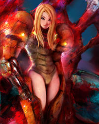 Rule 34 | 10s, 1girl, 2014, arm cannon, armor, blonde hair, eyeshadow, hair down, highres, leotard, lips, long hair, looking at viewer, makeup, metroid, orion-m, power armor, power suit, samus aran, signature, smile, solo, standing, thigh gap, weapon