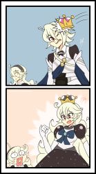 Rule 34 | !, !?, 1boy, 1girl, 2girls, 2koma, ahoge, armor, closed mouth, comic, commentary, corrin (female) (fire emblem), corrin (fire emblem), corrin (male) (fire emblem), corrin (male) (fire emblem), crossover, crown, elbow gloves, fire emblem, fire emblem fates, fire emblem if, genderswap, genderswap (mtf), gloves, grey hair, hairband, highres, long hair, mario (series), multiple girls, new super mario bros. u deluxe, nintendo, one eye closed, open mouth, pointy ears, princess dress, raydango, red eyes, short hair, simple background, super crown