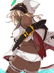 Rule 34 | 1girl, arc system works, ass, bandaged arm, bandages, bare shoulders, blonde hair, breasts, butt crack, dark skin, from behind, govsoyn, guilty gear, guilty gear strive, guilty gear xrd, hat, highres, huge ass, large breasts, long hair, looking at viewer, looking back, medium breasts, orange eyes, ramlethal valentine, shiny skin, short shorts, shorts, sideboob, sitting, solo, thigh strap