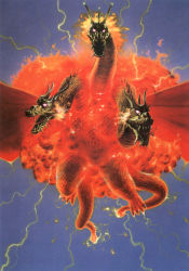 Rule 34 | alien, aura, blue background, conjoined, dragon, electricity, electricity elemental, elemental (creature), embers, energy, energy being, fire, fire elemental, flying, ghidorah, the three-headed monster, glowing, glowing eyes, godzilla (series), highres, horns, hydra, kaida yuji, kaijuu, king ghidorah, lightning, lightning elemental, monster, multiple heads, multiple tails, pink eyes, plasma, scales, simple background, solo, space monster, tail, teeth, toho, tongue, tongue out, transformation, two tails, wings