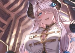 Rule 34 | 1girl, :d, aldehyde, blue eyes, blush, braid, breasts, cleavage, draph, fang, granblue fantasy, hair ornament, horns, huge breasts, indoors, long bangs, long hair, looking at viewer, narmaya (granblue fantasy), one eye covered, open mouth, parted bangs, smile, solo, teeth, upper teeth only, vest, white vest