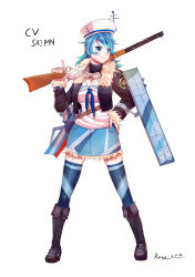 Rule 34 | 1girl, blouse, blue hair, boots, facial mark, flight deck, fur-trimmed jacket, fur-trimmed sleeves, fur trim, goggles, gun, hat, highres, jacket, lever action, rence (mjyoon1452), rens (pixiv), rifle, sailor hat, scarf, shirt, skirt, solo, star (symbol), star facial mark, thighhighs, uss saipan, weapon, world of warships