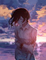 Rule 34 | 1girl, absurdres, beach, black hair, blood, blood on clothes, blue sky, chainsaw man, cloud, cloudy sky, collared shirt, evening, floating hair, green eyes, hand on own elbow, highres, holding own arm, horizon, looking to the side, multicolored sky, parted lips, reze (chainsaw man), shirt, short hair, sky, solo, sunlight, water, wet, wet clothes, white shirt, yuuwaku06
