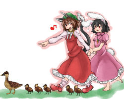 Rule 34 | 2girls, :&lt;, animal ears, holding another&#039;s arm, barefoot, beak, bird, blush, chen, duck, fang, female focus, holding hands, inaba tewi, makoto na, mana (gooney), multiple girls, musical note, open mouth, outline, smile, tail, touhou, walking, white background