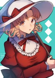 Rule 34 | 1girl, back bow, blonde hair, bow, breasts, cape, capelet, commentary request, commission, curly hair, dress, drill hair, elly (touhou), eyelashes, frilled capelet, frills, hat, hat bow, highres, juliet sleeves, large breasts, long sleeves, looking at viewer, open mouth, parted bangs, puffy sleeves, red bow, red dress, red ribbon, ribbon, ribbon-trimmed capelet, scythe, short hair, side drill, skeb commission, sun hat, touhou, touhou (pc-98), wadante, white cape, white headwear, yellow eyes