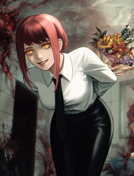 Rule 34 | 1girl, bent over, black necktie, black pants, black suit, blood, blood splatter, bouquet, breasts, chainsaw man, commentary, corpse, czy (2894456992), eyeball, flower, formal, highres, holding, holding bouquet, makima (chainsaw man), medium breasts, necktie, pants, parted lips, red hair, ringed eyes, rose, sidelocks, smile, solo focus, suit, twitter username, yellow eyes