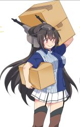 Rule 34 | 1girl, black hair, black thighhighs, box, cardboard box, commentary request, cowboy shot, employee uniform, headgear, kantai collection, lawson, long hair, malino (dream maker), miniskirt, nagato (kancolle), pleated skirt, red eyes, shirt, simple background, skirt, smile, solo, standing, striped clothes, striped shirt, thighhighs, uniform, white background, white skirt