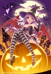 Rule 34 | 1girl, ;d, an2a, bare shoulders, bat (animal), bat wings, black gloves, breasts, cleavage, corset, divine grimoire, elbow gloves, gloves, halloween, hat, heart, jack-o&#039;-lantern, large breasts, long hair, looking at viewer, one eye closed, open mouth, original, purple hair, sitting, smile, solo, striped clothes, striped thighhighs, thighhighs, wand, wings, wink, witch, witch hat