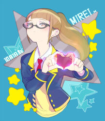Rule 34 | 1girl, black-framed eyewear, blue background, blue jacket, blunt bangs, brown eyes, brown hair, character name, closed mouth, collared shirt, commentary request, cropped torso, glasses, hands up, heart, heart hands, jacket, long hair, long sleeves, looking at viewer, minami mirei, minami mirei (normal), moudoku (decopon3rd), paprika private academy school uniform, ponytail, pretty series, pripara, school uniform, semi-rimless eyewear, shirt, smile, solo, star (symbol), starry background, translation request, under-rim eyewear, upper body, vest, white shirt, yellow vest