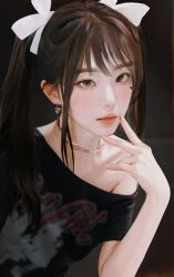 Rule 34 | 1girl, absurdres, armpit peek, black background, black eyes, blush, bow, brown hair, collarbone, earrings, expressionless, facial mark, hair bow, heart, heart facial mark, highres, irene (red velvet), jewelry, k-pop, looking at viewer, nagamerin, nail polish, necklace, off shoulder, pink nails, real life, realistic, red lips, red velvet (group), solo, twintails, white bow