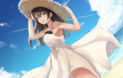 Rule 34 | 1girl, absurdres, aqua eyes, armpits, beach, blue sky, brown hair, cloud, commentary request, contrail, day, dress, dutch angle, from side, hair between eyes, hand on headwear, hat, highres, hololive, huge filesize, long hair, looking at viewer, natsuiro matsuri, ocean, outdoors, parted lips, sidelocks, sky, solo, standing, sun hat, sundress, teeth, upper teeth only, virtual youtuber, white dress, wind, wind lift, yamikyon