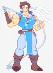 Rule 34 | blue eyes, brown hair, castlevania (series), commentary, denaseey, english commentary, gloves, highres, holding, holding whip, male focus, muscular, muscular male, richter belmont, short hair, weapon, whip