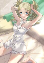 Rule 34 | 1girl, alternate costume, armpits, bed, blonde hair, blue eyes, commission, fire emblem, fire emblem awakening, hair tie in mouth, indoors, lissa (fire emblem), looking at viewer, mouth hold, nightgown, nintendo, on bed, parted bangs, pillow, sitting, skeb commission, smile, snow20200, solo, twintails, twitter username, tying hair, wariza, white nightgown