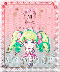 Rule 34 | 1girl, :o, blue eyes, blush, chibi, cover, dress, drill hair, falulu, full body, green hair, heart, kamiya maneki, long sleeves, looking at viewer, own hands clasped, own hands together, parted lips, pink dress, pretty series, pripara, quad tails, sample watermark, solo, standing, watermark