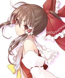 Rule 34 | 1girl, bare shoulders, bow, breasts, brown eyes, brown hair, detached sleeves, frilled bow, frilled shirt collar, frills, hair between eyes, hair bow, hair tubes, hakurei reimu, head tilt, highres, kizitora hato, long hair, long sleeves, looking at viewer, ponytail, red bow, red skirt, ribbon-trimmed sleeves, ribbon trim, sarashi, sidelocks, silhouette, simple background, skirt, skirt set, small breasts, smile, solo, touhou, upper body, white background, wide sleeves, yellow bow, yellow neckwear