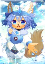 Rule 34 | :d, animal ear fluff, animal ears, bloomers, blue eyes, blue hair, blue shirt, blue sky, cloud, cloudy sky, commentary request, commission, day, fangs, furry, hair between eyes, hand up, kou hiyoyo, long sleeves, looking at viewer, open mouth, original, outdoors, puffy long sleeves, puffy sleeves, shirt, skeb commission, sky, sleeves past wrists, smile, solo, tail, underwear, wading, water, water drop, white bloomers