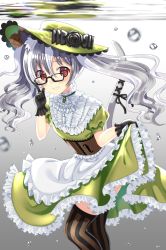Rule 34 | 1girl, animal ears, cat ears, cat tail, corset, dress, glasses, gloves, grey hair, hat, highres, lolita fashion, original, red eyes, ribbon, tail, tail ornament, tail ribbon, thighhighs, toujou mina, twintails, underwater