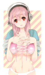 Rule 34 | 1girl, bad id, bad pixiv id, bandeau, bra, breasts, cleavage, hands on own chest, headphones, ksyk, large breasts, long hair, looking at viewer, midriff, navel, nitroplus, no pants, open clothes, open shirt, panties, pink bra, pink hair, red eyes, shirt, solo, super sonico, underwear, white panties