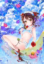 Rule 34 | 1girl, bad id, bad twitter id, bikini, bird, blue bikini, blue sky, blush, breasts, brown hair, closed mouth, cloud, cloudy sky, commentary request, day, drink, dutch angle, flamingo, food, frilled bikini, frilled hairband, frills, hair between eyes, hairband, holding, holding food, horizon, inflatable raft, liby (libtnvd), looking at viewer, navel, ocean, outdoors, popsicle, short hair, short twintails, sitting, sky, small breasts, solo, striped bikini, striped clothes, swimsuit, sword girls, thighs, twintails, two side up, water, water drop, watermelon bar, wavy hair