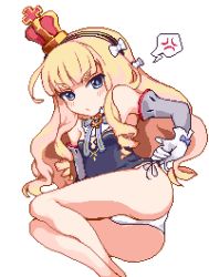 Rule 34 | 1girl, :o, anger vein, ass, azur lane, bad id, bad pixiv id, bare shoulders, black hairband, blonde hair, blue bow, blue eyes, blunt bangs, blush, borube, bow, breasts, cross, crown, detached sleeves, dress, gloves, hair bow, hairband, legs together, long hair, long sleeves, lowres, mini crown, no nose, open mouth, panties, pixel art, queen elizabeth (azur lane), ribbon, short dress, side-tie panties, simple background, small breasts, solo, speech bubble, spoken anger vein, striped ribbon, underwear, white background, white bow, white gloves, white panties