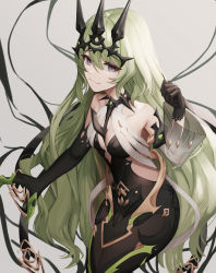 Rule 34 | 1girl, absurdres, asymmetrical gloves, bad id, bad pixiv id, bare shoulders, black dress, black gloves, claw ring, closed mouth, crown, dress, gloves, green hair, grey background, highres, honkai (series), honkai impact 3rd, long hair, looking at viewer, mea (hwaksal), mismatched gloves, mobius (honkai impact), purple eyes, see-through, see-through sleeves, simple background, single sleeve, smile, wavy hair