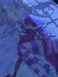 Rule 34 | 1girl, beatrice (re:zero), blonde hair, blush, capelet, character doll, closed eyes, commentary request, crown, dress, eyelashes, frills, fur-trimmed capelet, fur trim, hair ribbon, indoors, long sleeves, lying, mini crown, no shoes, on side, pantyhose, parupin, pink ribbon, puck (re:zero), purple dress, re:zero kara hajimeru isekai seikatsu, ribbon, shadow, solo, striped clothes, striped pantyhose, tearing up, twintails