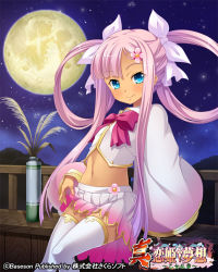 Rule 34 | 1girl, blue eyes, clothes lift, copyright name, crop top, full moon, hair ornament, hairclip, koihime musou, lifting own clothes, long hair, midriff, miniskirt, moon, navel, night, night sky, official art, pink hair, pink shirt, pink skirt, pochadon, ribbon, shirt, sitting, skirt, skirt lift, sky, smile, solo, sonshoukou, star (sky), thighhighs, twintails, white thighhighs, zettai ryouiki