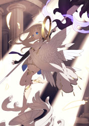Rule 34 | 1girl, angel, black gloves, blonde hair, blue eyes, closed mouth, elbow gloves, fantasy, feathered wings, feathers, fingerless gloves, floating hair, from side, gloves, halo, hand up, highres, holding, holding staff, leg up, light rays, long hair, looking to the side, ni02 (asahi nini), original, pillar, robe, solo, staff, sunbeam, sunlight, thighs, white wings, wings